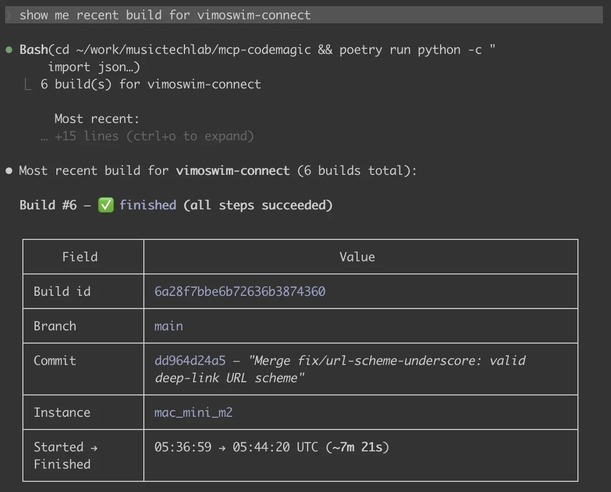 Recent Codemagic build status rendered in Claude Code