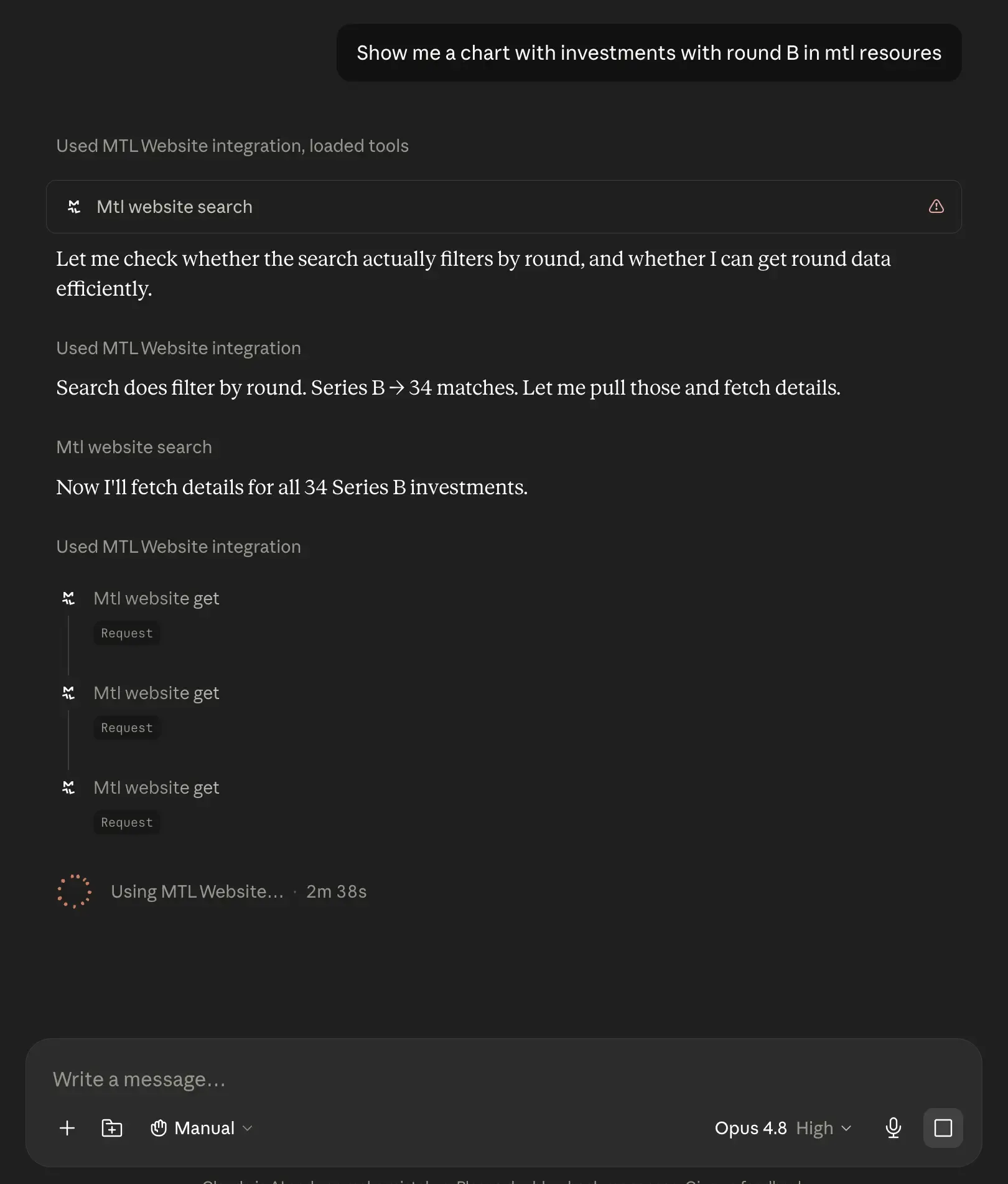Claude Desktop querying Series B investments in production, no separate login step required
