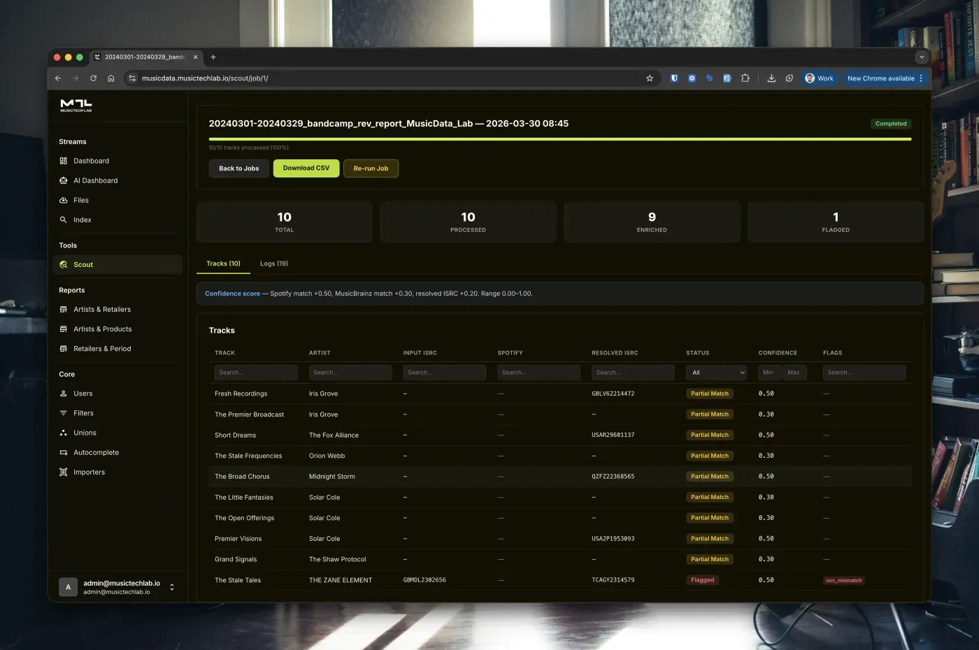 Completed job with enriched tracks, confidence scores, and flags