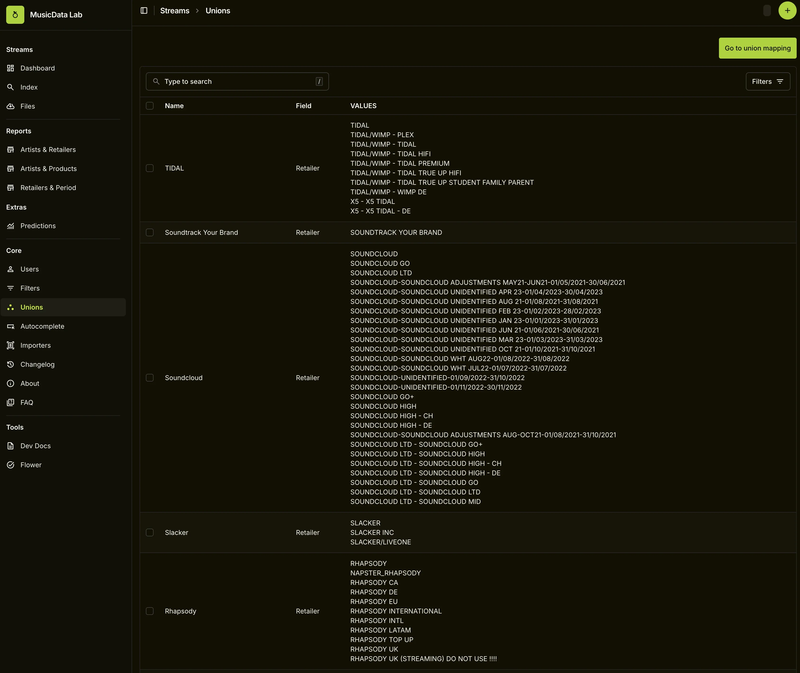 Union management interface showing raw value mappings