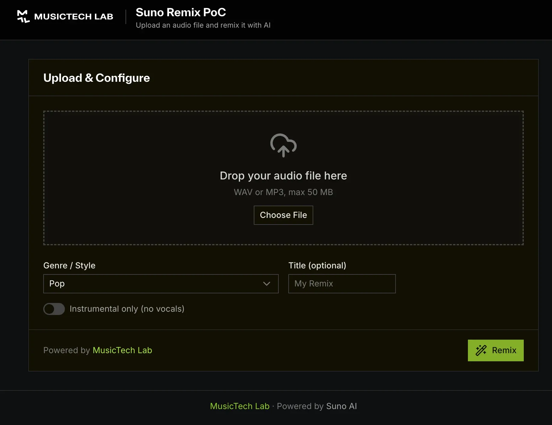 Upload & Configure - drag-drop zone with genre selector and Remix button