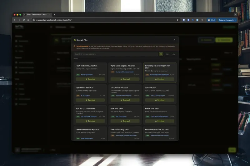 Example files - sample distributor reports for testing imports and demos