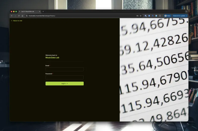 MusicData Lab - login page with CherryRed Records branding