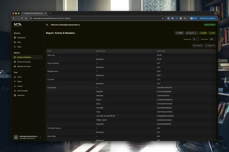 Reports - royalty breakdown by artist and retailer with export to XLSX and CSV